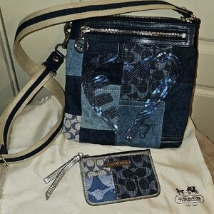 Coach Blue Patchwork Heart Crossbody Bag with Matching Wallet
